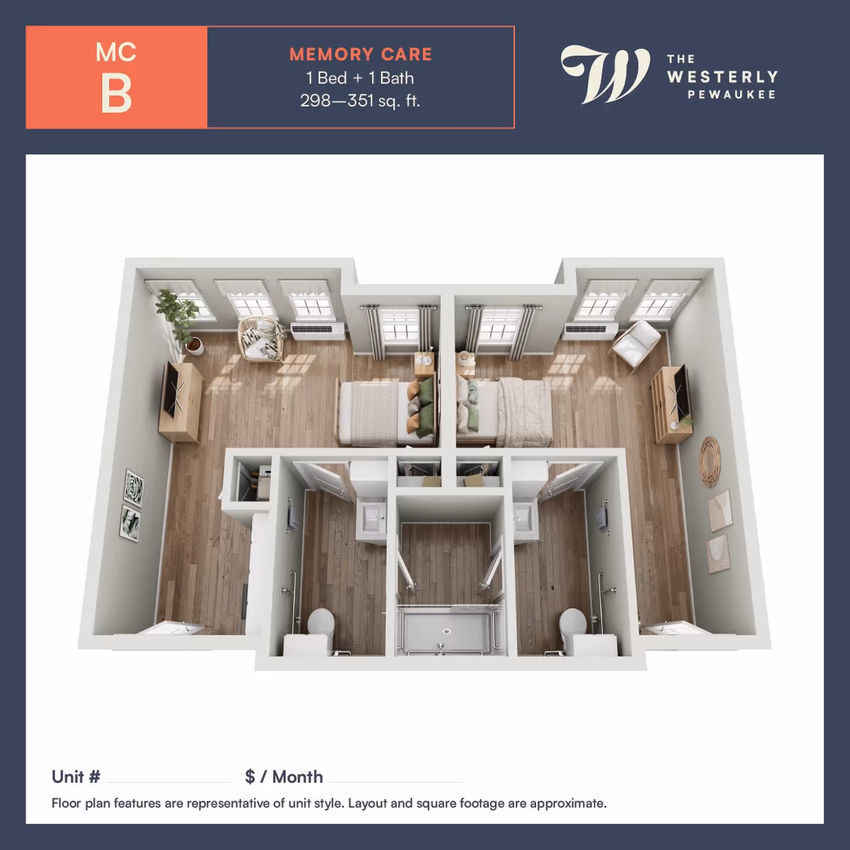 3D floor plan of a memory care unit labeled MC B at The Westerly Pewaukee, showing a 1 bedroom, 1 bathroom layout with 298 to 351 square feet. The unit includes a bedroom with a bed and nightstand, a living area with a chair and TV, and a bathroom with a shower, toilet, and sink.