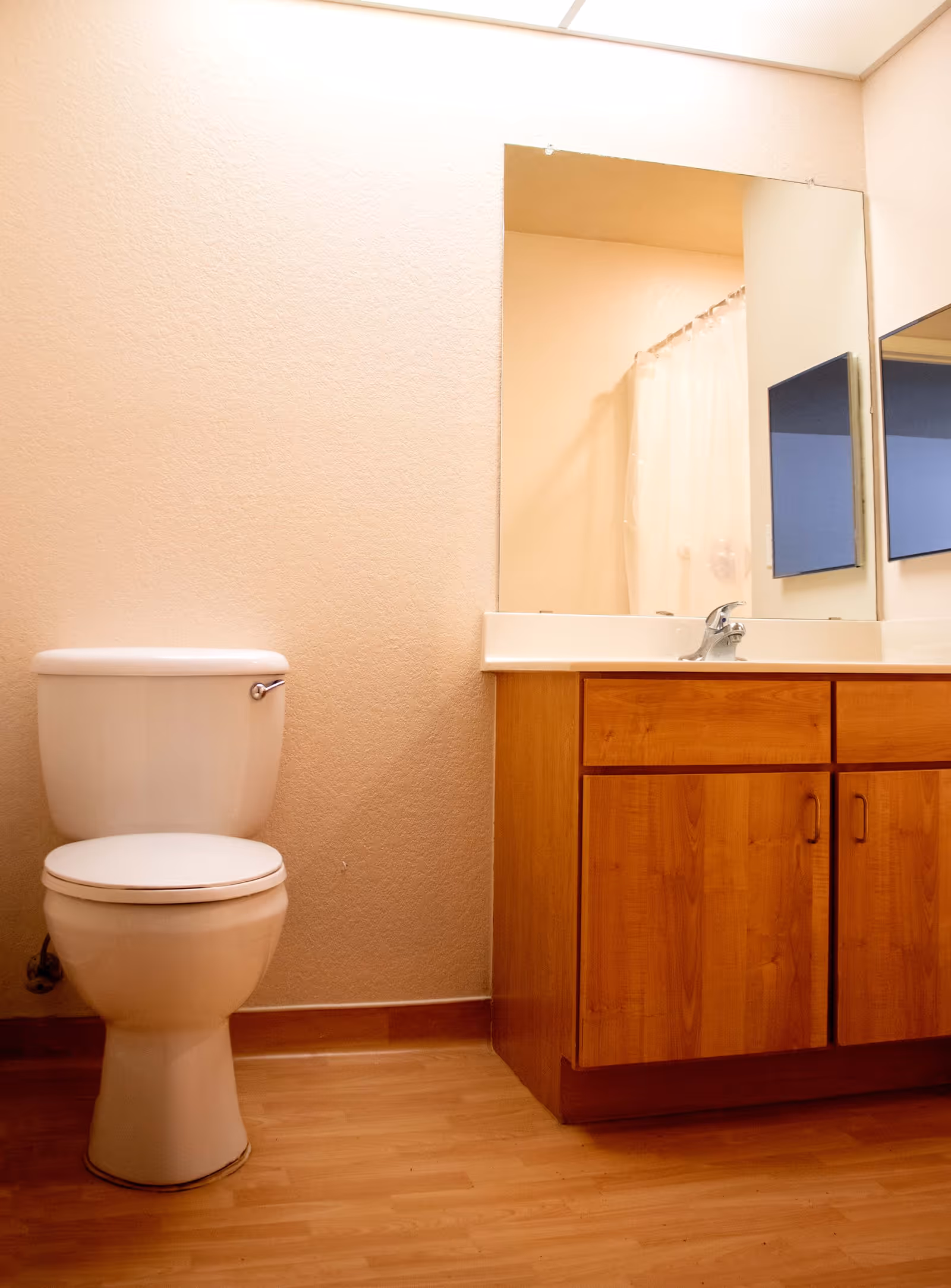 A bathroom with a white toilet on the left and a wooden vanity with a white countertop and a sink on the right. Above the vanity is a large mirror reflecting part of a shower curtain.