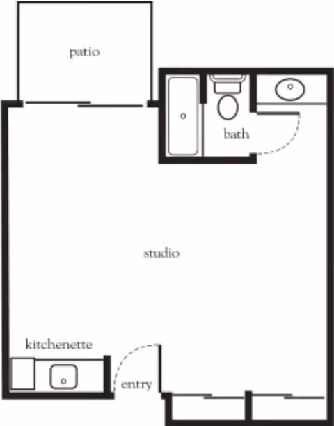 Floor plan of a studio apartment featuring a patio, a bathroom with a bathtub, toilet, and sink, a kitchenette near the entry, and an open studio living space.