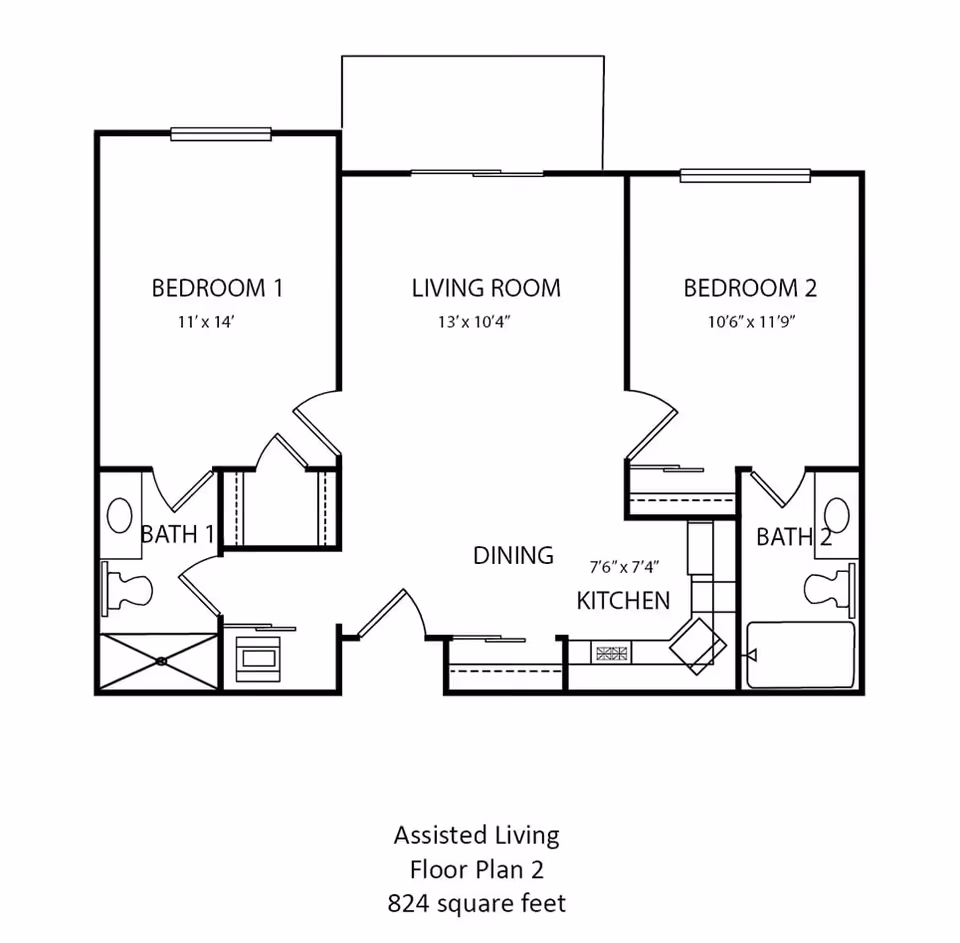 Floor plan of an assisted living unit named Georgetowne Place showing two bedrooms, two bathrooms, a living room, dining area, and kitchen. Bedroom 1 measures 11 by 14 feet and has an attached bathroom. Bedroom 2 measures 10 feet 6 inches by 11 feet 9 inches and also has an attached bathroom. The living room is 13 by 10 feet 4 inches, and the kitchen and dining area measure 7 feet 6 inches by 7 feet 4 inches. The total area is 824 square feet.