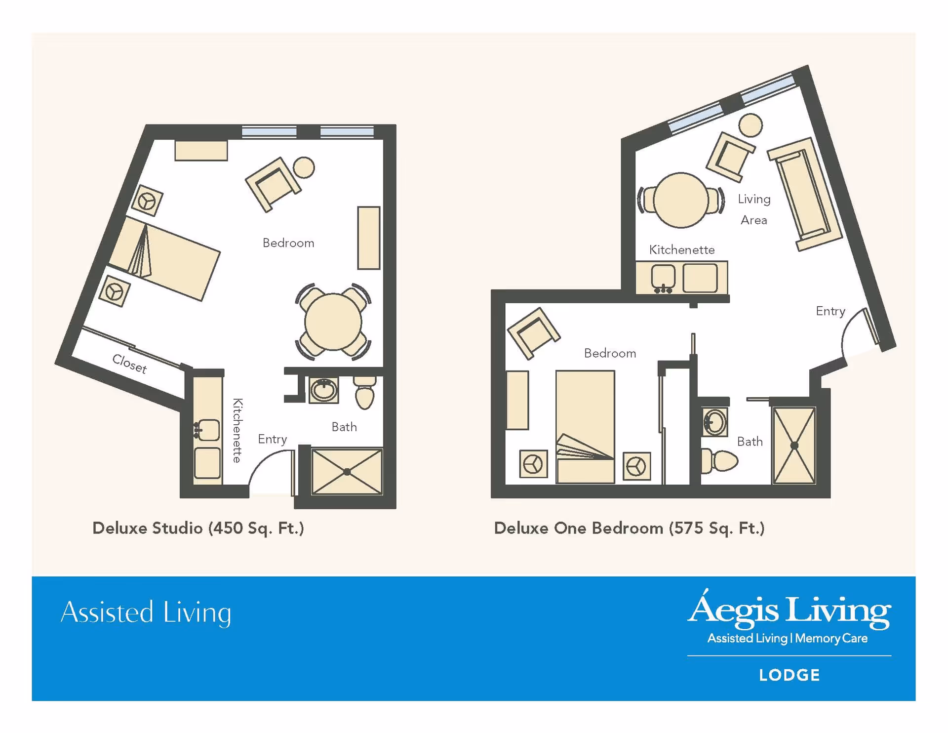 Floor plans for two assisted living units at Aegis Lodge. The left plan is a Deluxe Studio with 450 sq. ft., featuring a bedroom with a bed, chair, table, kitchenette, closet, entry, and bath. The right plan is a Deluxe One Bedroom with 575 sq. ft., including a bedroom, living area with sofa and chairs, kitchenette, entry, and bath.