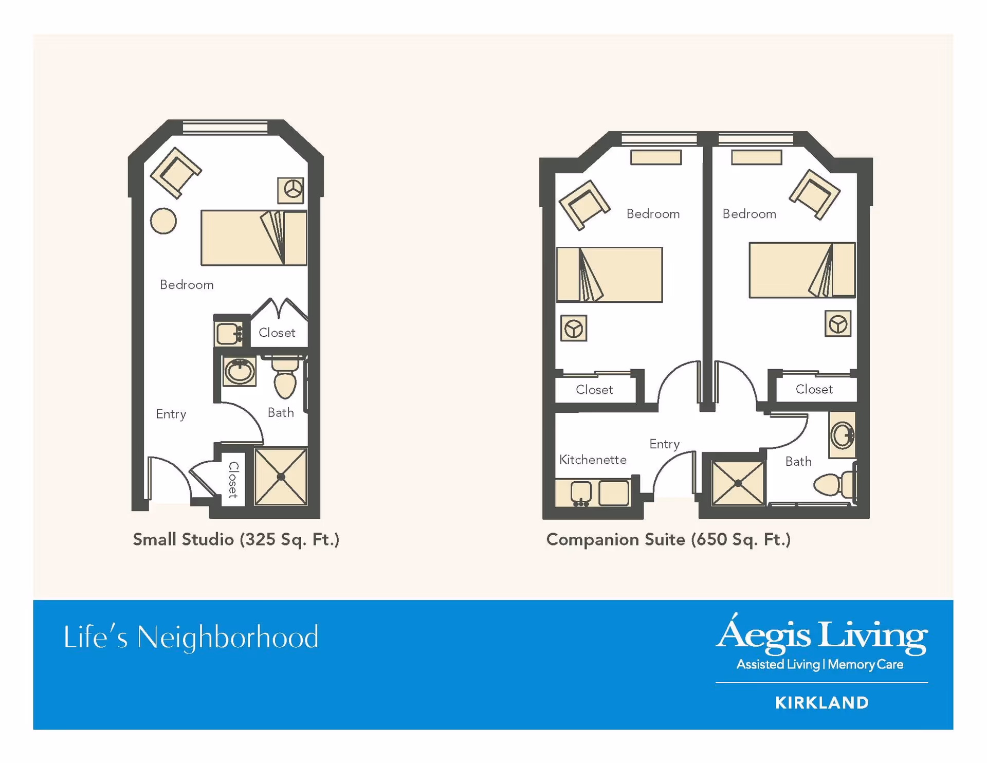 Floor plans for two types of living spaces at Aegis Living Kirkland. On the left is a Small Studio layout of 325 square feet featuring a bedroom, entry, bath, and closets. On the right is a Companion Suite layout of 650 square feet with two bedrooms, a kitchenette, entry, bath, and closets. Both layouts include furniture placement such as beds, chairs, and tables.