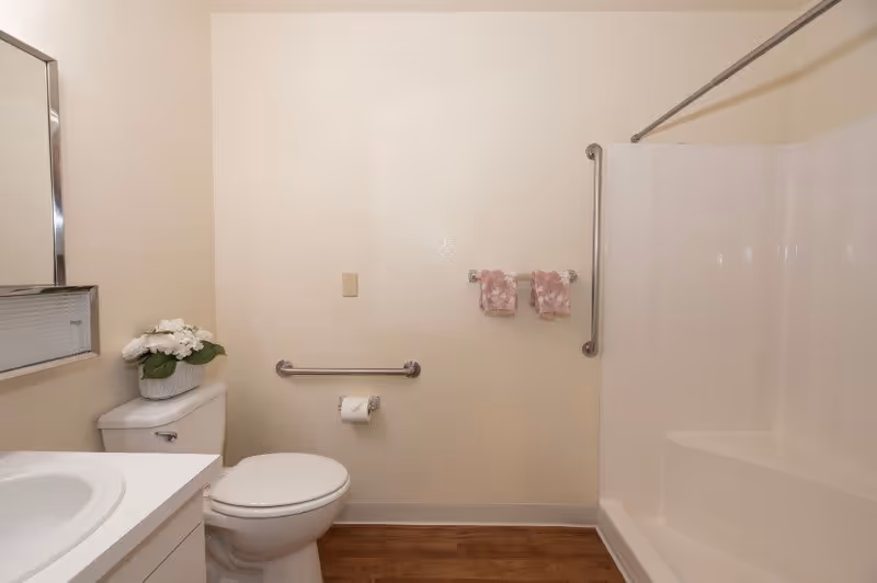 A clean senior living bathroom with a white toilet, a white sink with a countertop, a wall-mounted mirror cabinet, a bathtub with a shower curtain rod, grab bars near the toilet and bathtub, two pink hand towels hanging on a towel rack, and a small potted plant on the toilet tank. The floor has wood-like flooring and the walls are painted light beige.
