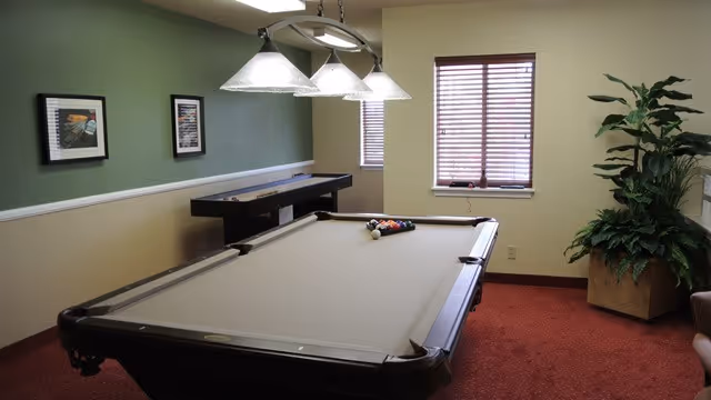 Interior room with a pool table and a shuffleboard table against a green and beige wall. The room has a window with blinds, a large potted plant, and three hanging pendant lights above the pool table. Two framed pictures hang on the wall.