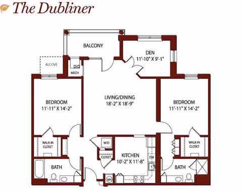 Floor plan titled The Dubliner showing a layout with two bedrooms, two bathrooms, a kitchen, living/dining area, den, balcony, and closets including walk-in closets in each bedroom.