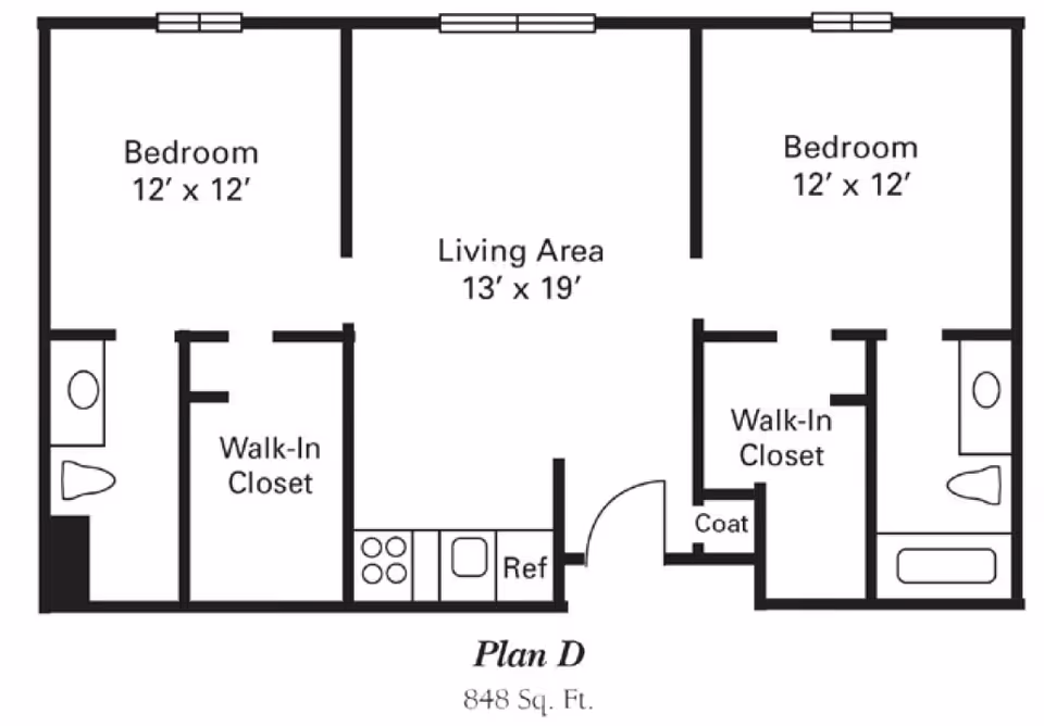 Floor plan labeled Plan D showing a two-bedroom, two-bathroom apartment with a living area, kitchen, walk-in closets, and coat closet. Each bedroom measures 12 feet by 12 feet, the living area is 13 feet by 19 feet, and the total area is 848 square feet.