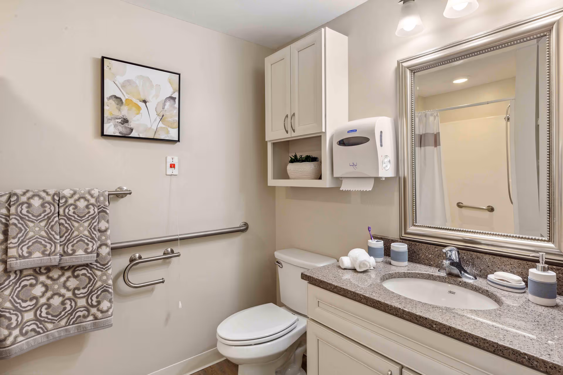 A clean and well-lit bathroom featuring a toilet, a countertop with a sink, soap dispenser, toothbrush holder, and towels. There is a large mirror above the sink, a wall-mounted paper towel dispenser, a cabinet above the toilet, and a decorative framed picture on the wall. Grab bars are installed near the toilet and in the shower area visible in the mirror.