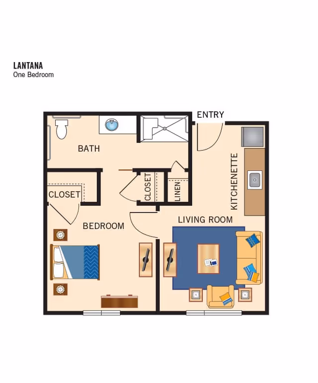 Floor plan of a one-bedroom apartment named Lantana, showing a bedroom with a bed and closet, a bathroom with a toilet and sink, a living room with sofa, chairs, and coffee table, and a kitchenette near the entry.