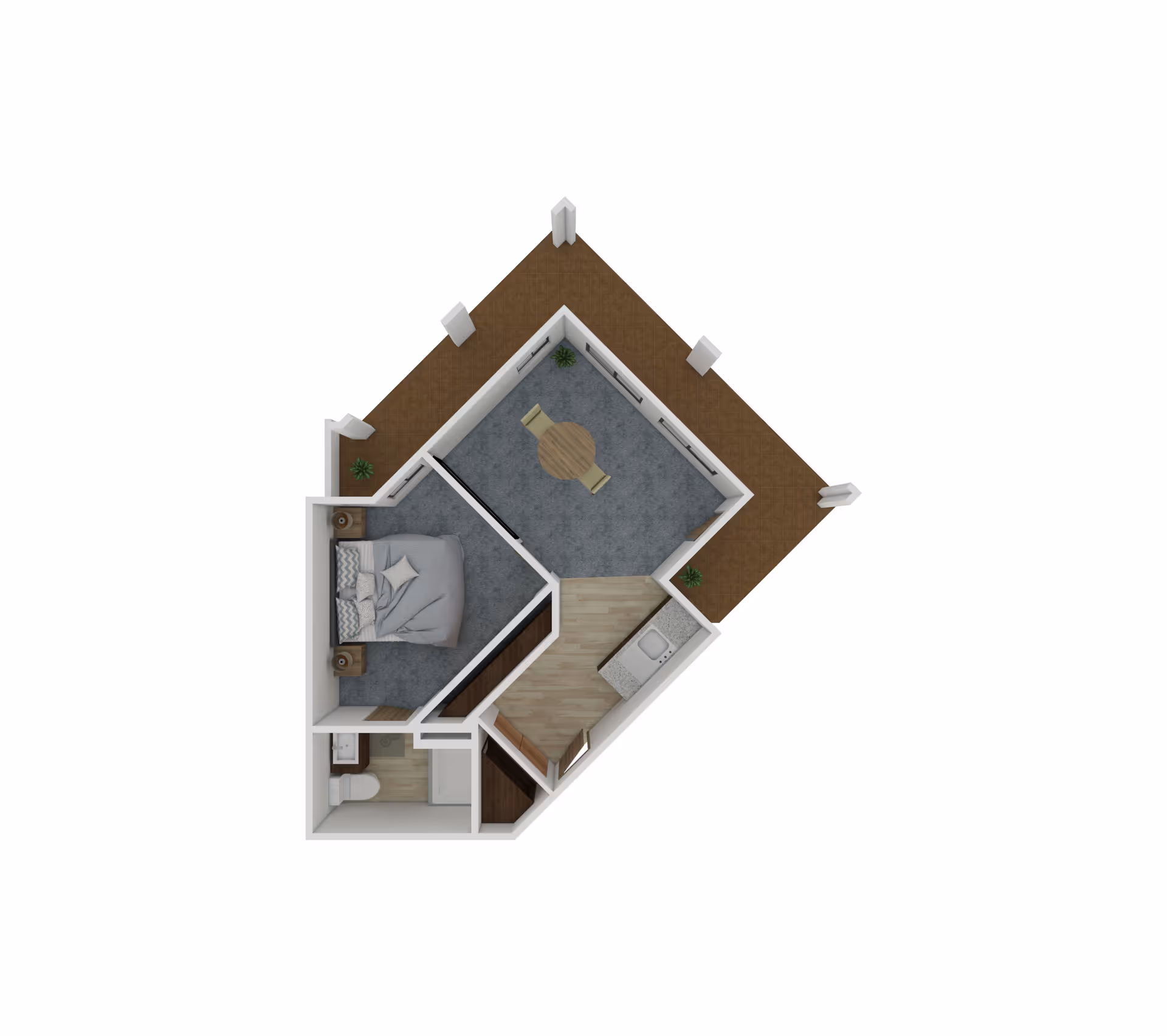 Top-down 3D floor plan of a one-bedroom apartment showing a bedroom, bathroom, kitchen, living/dining area, and wraparound balcony.
