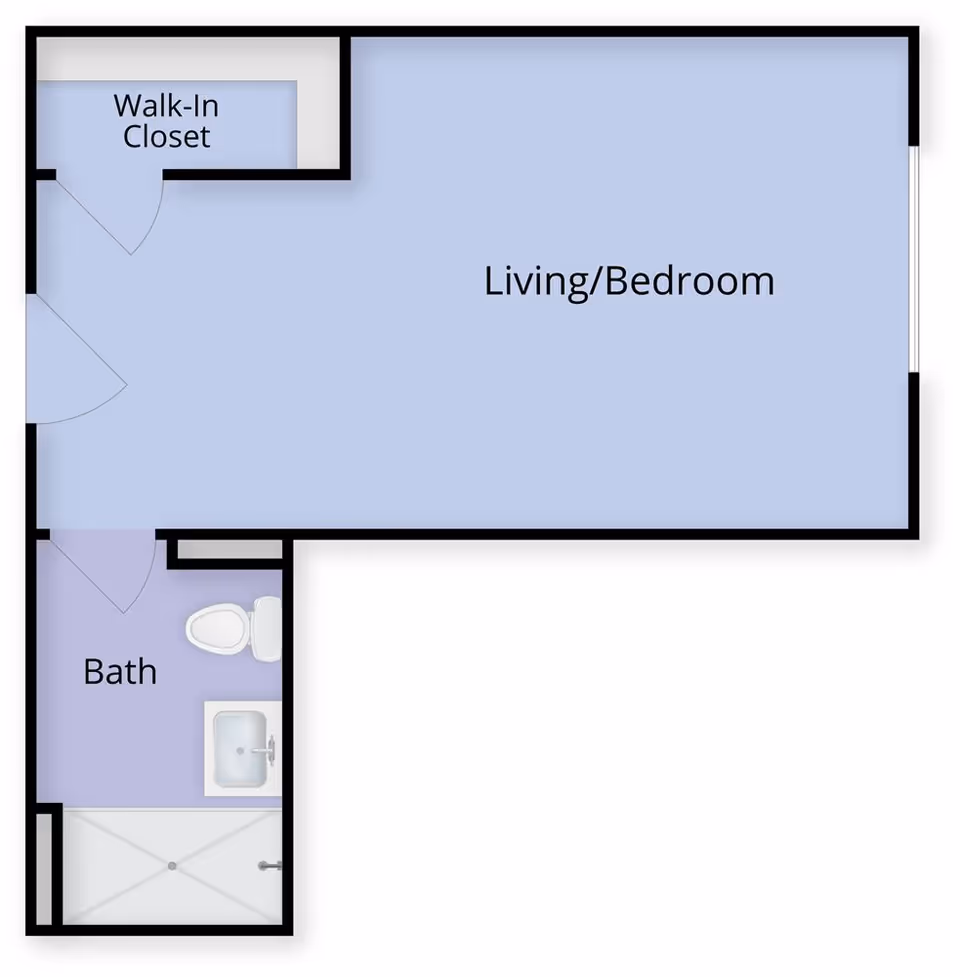 Floor plan of a small living space featuring a combined living and bedroom area, a walk-in closet, and a bathroom with a toilet, sink, and shower.