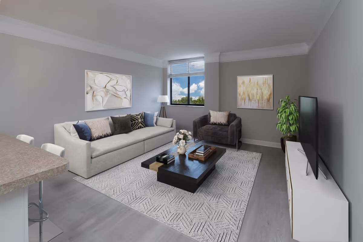 A modern living room with a light gray sofa adorned with multiple cushions, a dark gray armchair, a black coffee table with books and a flower vase, a patterned area rug, a flat-screen TV on a white TV stand, a potted plant, two abstract paintings on the walls, and a window showing a blue sky with clouds.