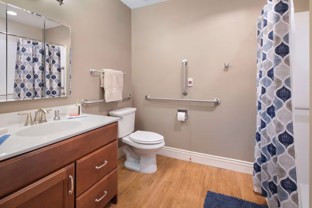Well-lit accessible bathroom with a vanity, toilet with grab bars, and a shower with a patterned curtain.
