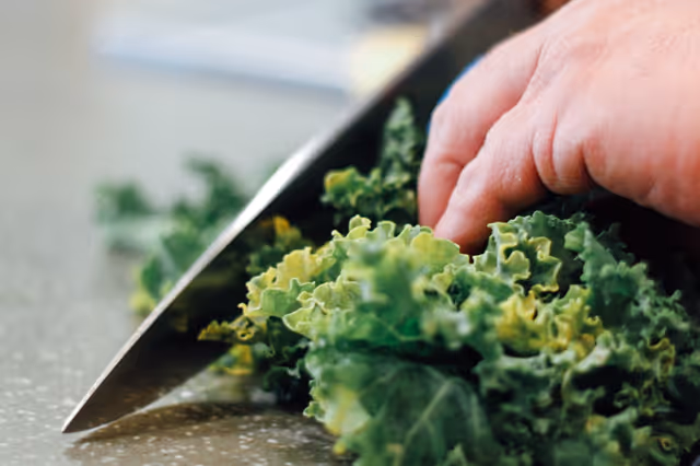 Close-up of a hand chopping fresh green kale on a countertop with a large kitchen knife.