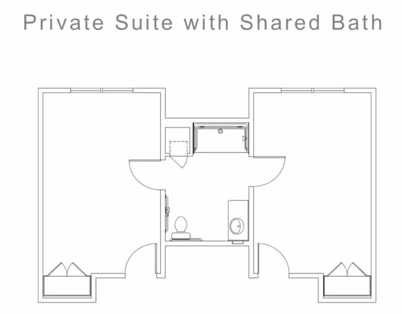 Floor plan titled 'Private Suite with Shared Bath' showing two private suites on either side of a shared bathroom. Each suite has a door leading to the shared bathroom area, which includes a toilet, sink, and shower.