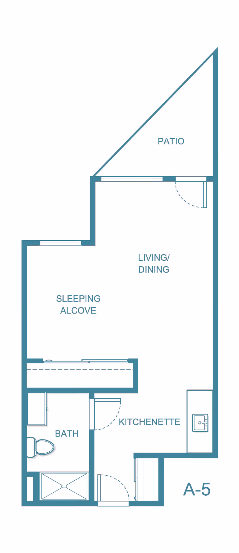 Floor plan of a senior living unit labeled A-5 showing a patio, living/dining area, sleeping alcove, kitchenette, and bathroom with a shower and toilet.