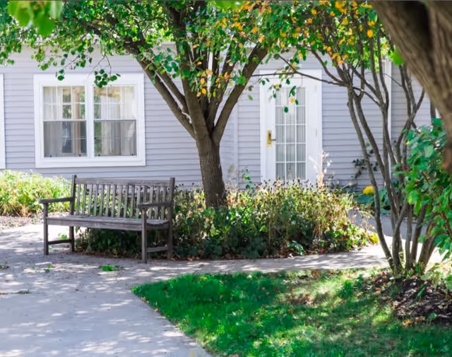 A wooden bench is placed on a paved pathway surrounded by green grass, bushes, and trees with green leaves. In the background, there is a light gray building with white-framed windows and a white door with glass panels.