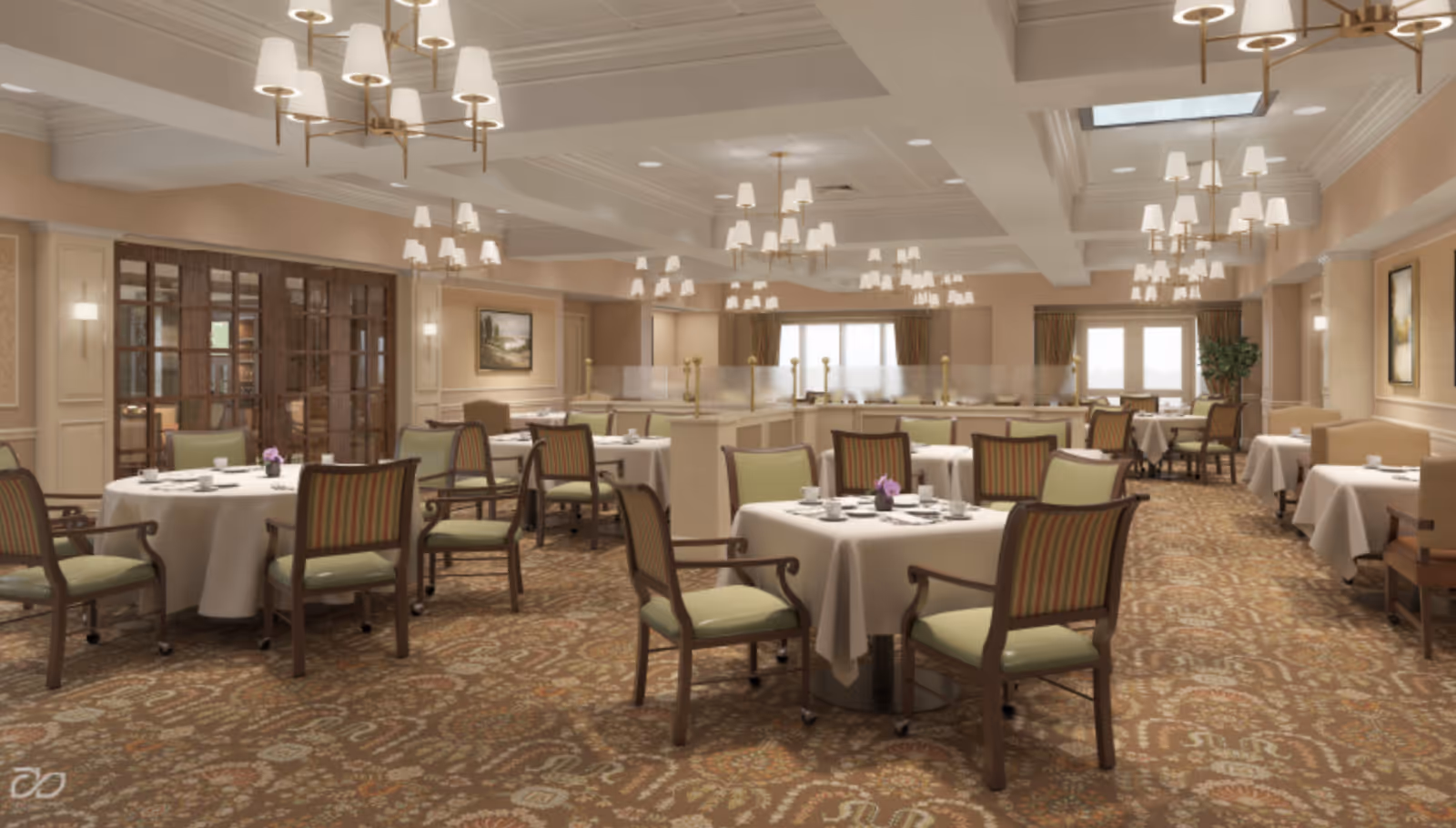 Spacious, well-lit dining room with round tables set with white linens and green-cushioned chairs.