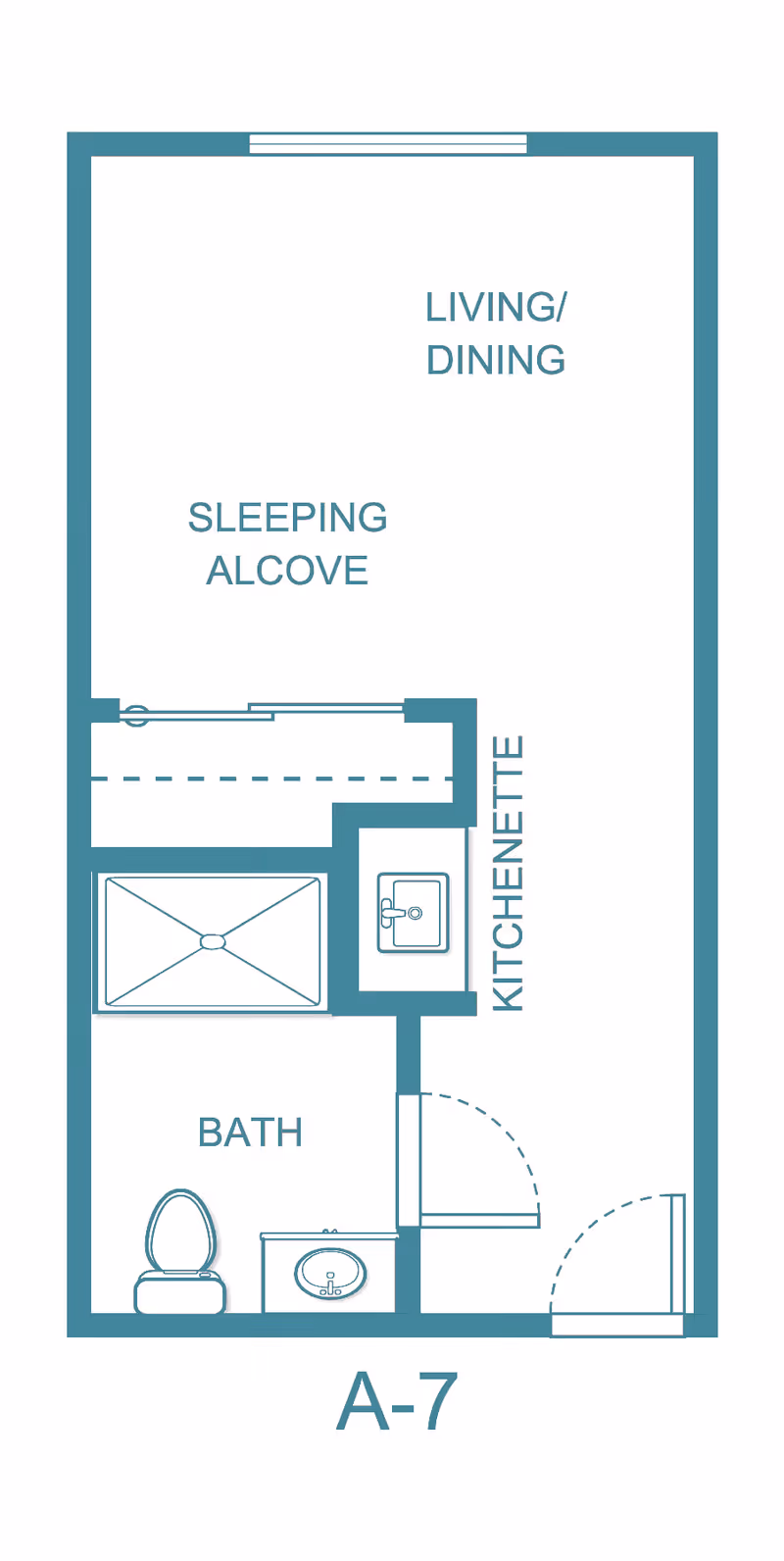 Floor plan layout labeled A-7 showing a living/dining area, sleeping alcove, kitchenette, and bath with toilet and sink.
