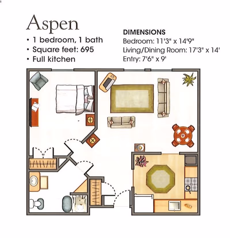 Floor plan of Aspen apartment with 1 bedroom, 1 bathroom, full kitchen, and living/dining room. The bedroom includes a bed and nightstands. The living/dining room has two sofas, a coffee table, a round dining table with four chairs, and a plant. The kitchen area includes appliances and cabinetry. The bathroom has a toilet, sink, and bathtub. Dimensions for each room are provided.