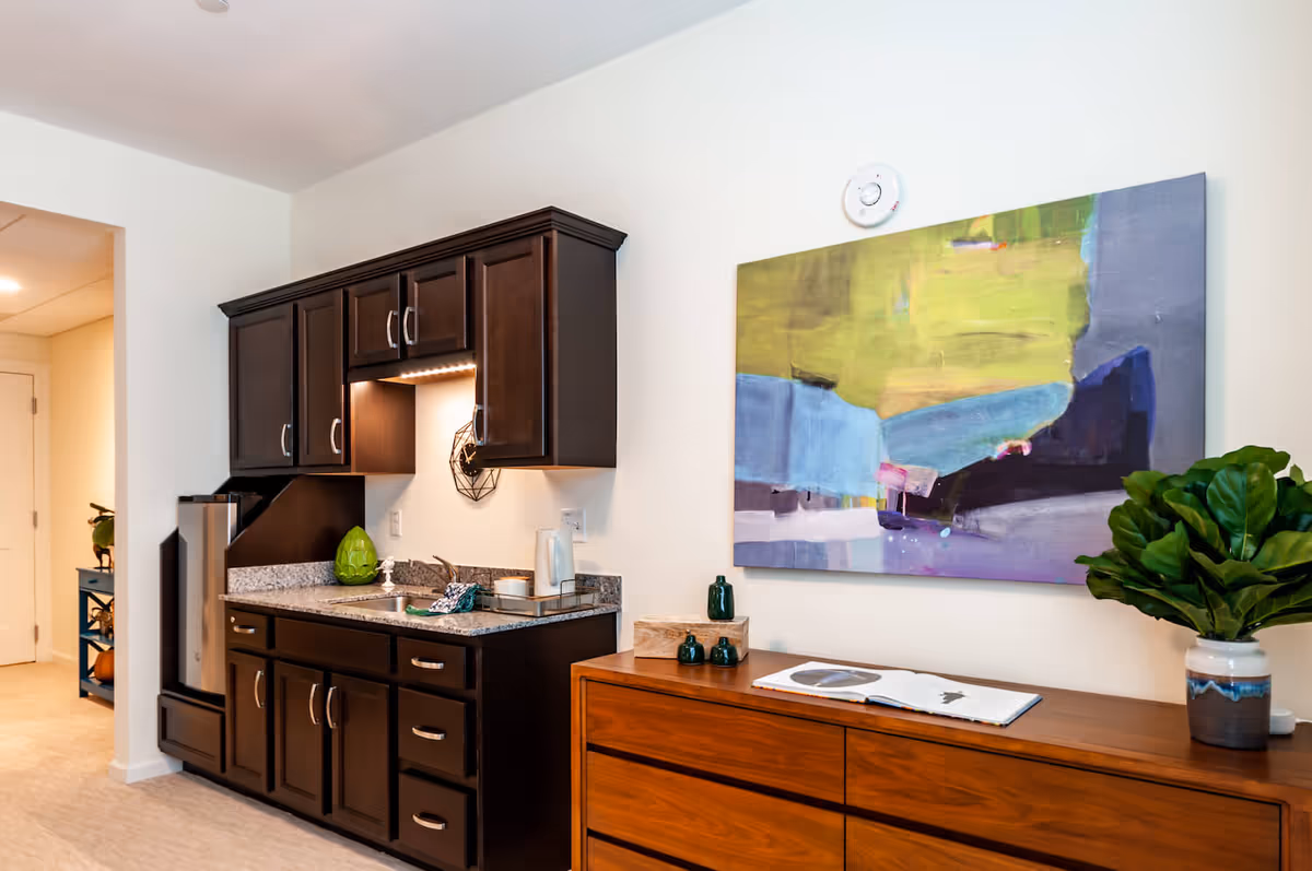 Small kitchenette with dark wood cabinets and granite countertop, colorful abstract wall art above a wooden sideboard with a potted plant.