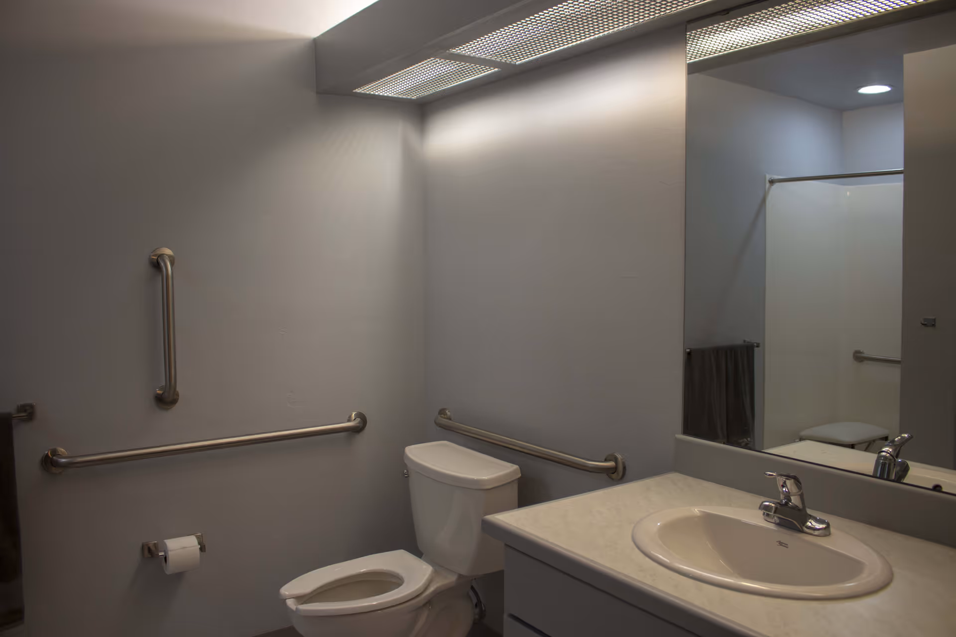 Accessible bathroom with a toilet, sink, large mirror, and wall-mounted grab bars.