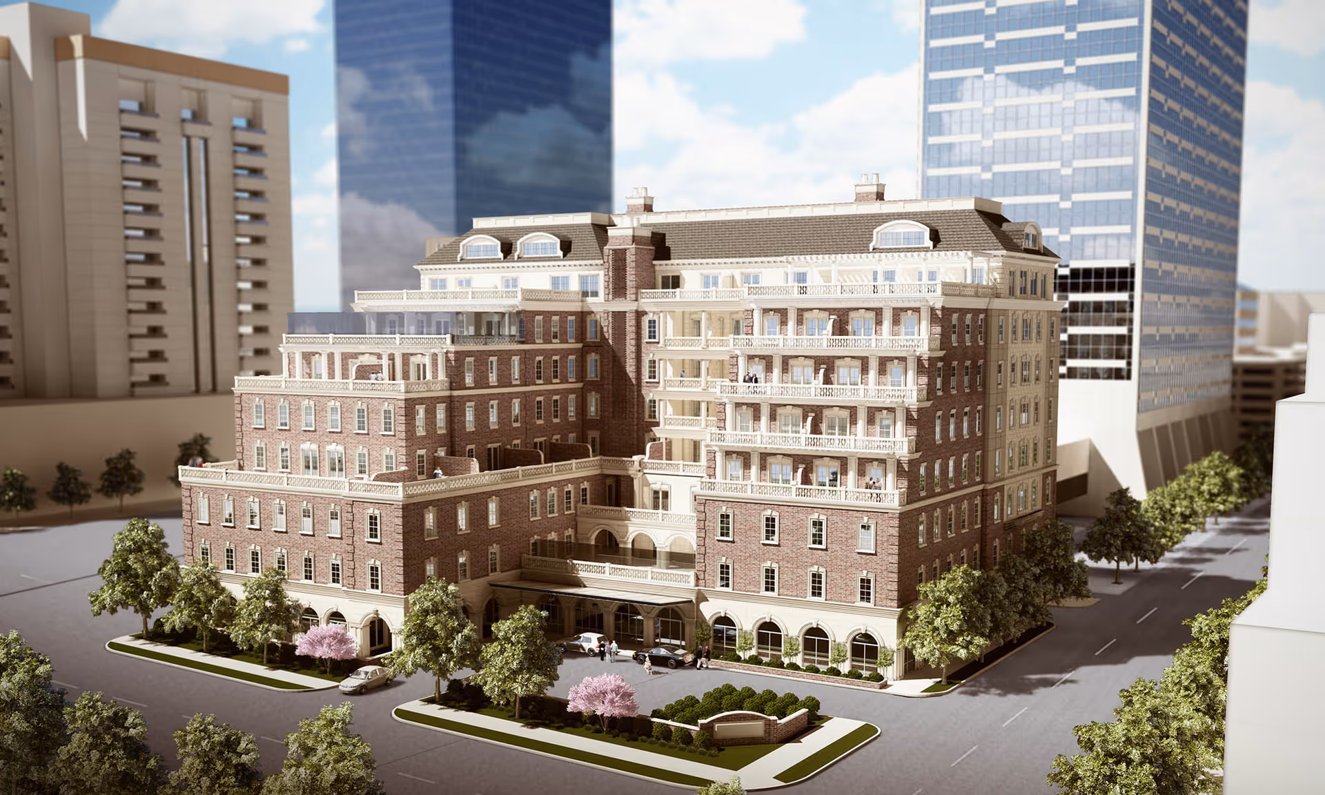 Exterior view of a multi-story brick building with balconies and arched windows, surrounded by trees and parked cars, located in an urban area with tall modern buildings in the background.