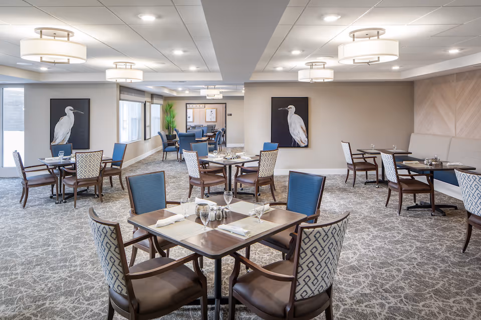 A spacious, well-lit dining room with multiple tables set with placemats, napkins, glasses, and silverware. The room features patterned carpet, modern ceiling lights, and artwork of white birds on the walls. Chairs with patterned upholstery and wooden frames surround the tables, and large windows allow natural light to enter.