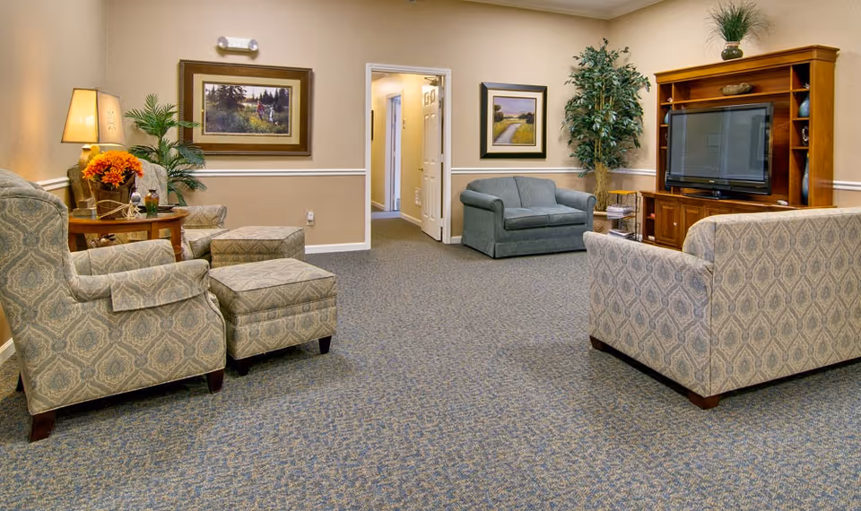 Carpeted common living room with patterned armchairs and ottomans, a sofa, TV cabinet, framed art, and potted plants.