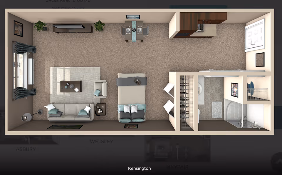 Top-down view of a studio apartment floor plan featuring a living area with a sofa, armchair, coffee table, and TV stand, a sleeping area with a bed and two chairs, a small dining table with two chairs, a kitchenette with appliances, and a bathroom with a shower, sink, and toilet.