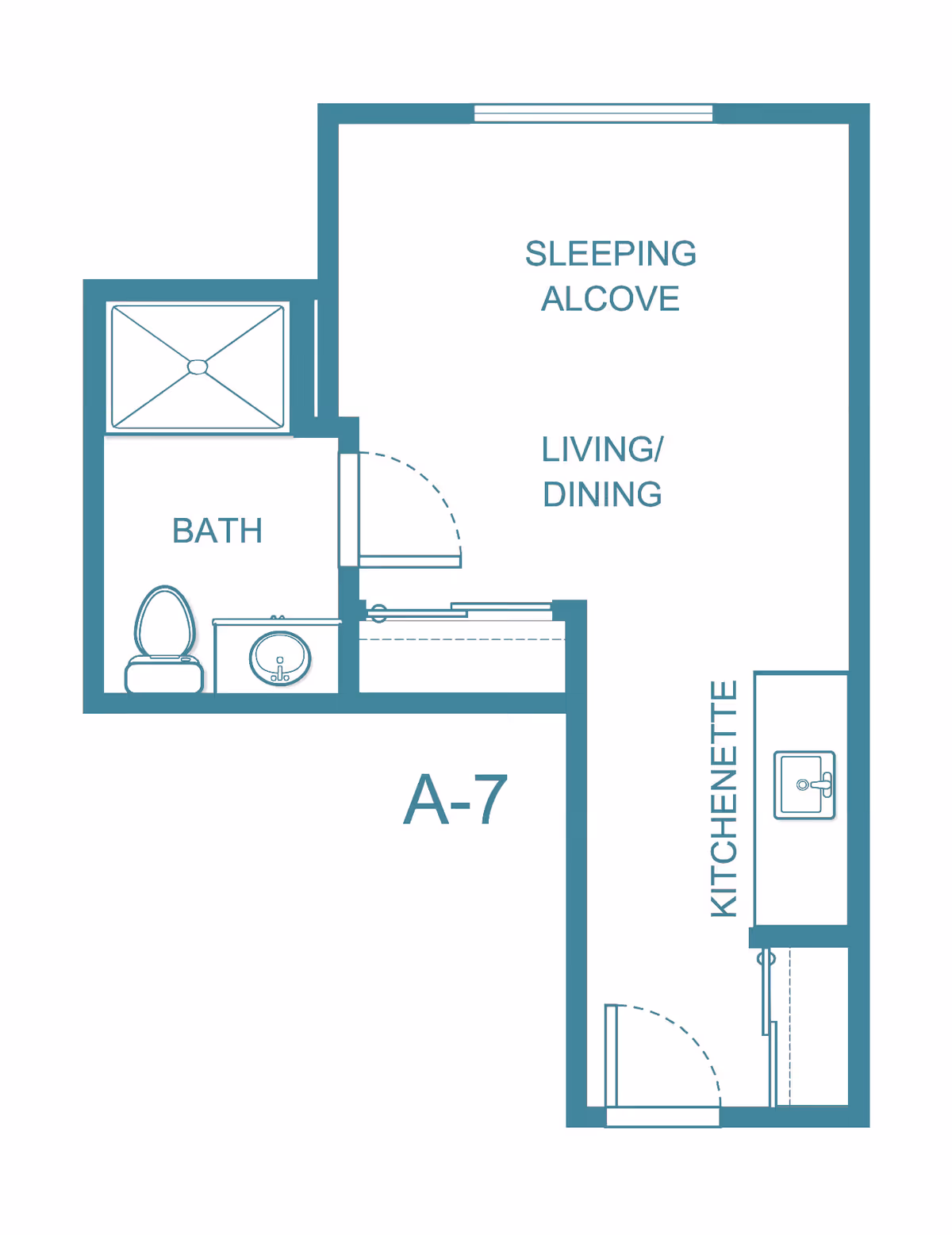 Floor plan labeled A-7 showing a small living space with a sleeping alcove, living/dining area, kitchenette, and a bathroom with a shower, toilet, and sink.
