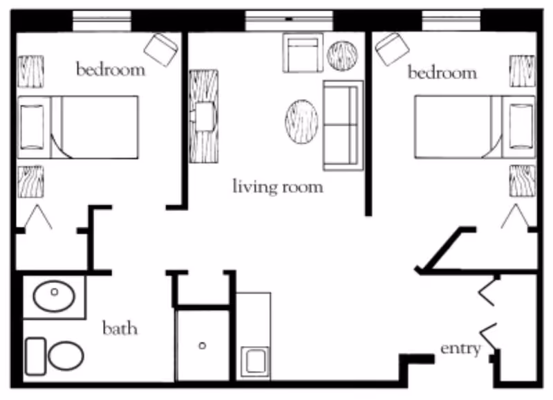 Floor plan of a senior living apartment with two bedrooms, a living room, a bathroom, and an entry area. Each bedroom contains a bed, nightstand, and chair. The living room has a sofa, two chairs, and two round tables. The bathroom includes a sink and toilet.