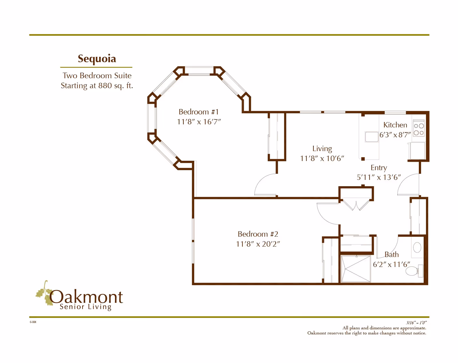 Floor plan of Sequoia, a two-bedroom suite at Oakmont Senior Living, showing dimensions of bedrooms, living room, kitchen, entry, and bathroom.