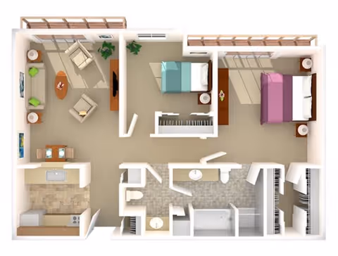 3D floor plan of an apartment at Bellewood - A LifeMinded Residence showing a living room with seating and TV, a dining area, a kitchen, two bedrooms with beds and nightstands, a bathroom with a bathtub and sink, and closets.