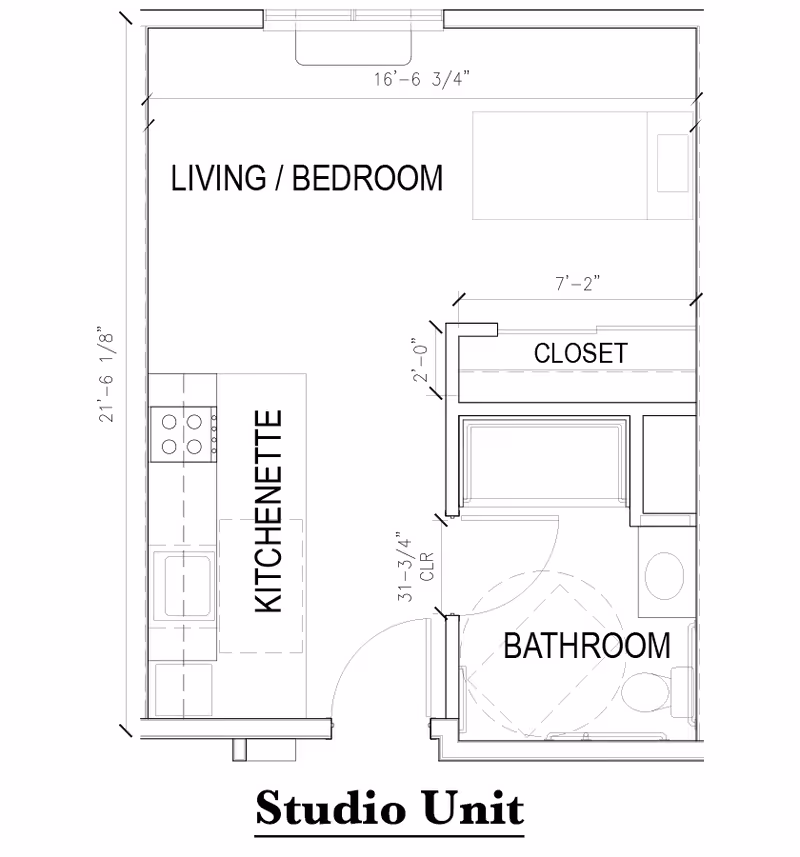 Black-and-white floor plan of a studio unit showing a kitchenette, living/bedroom area, closet, and bathroom.
