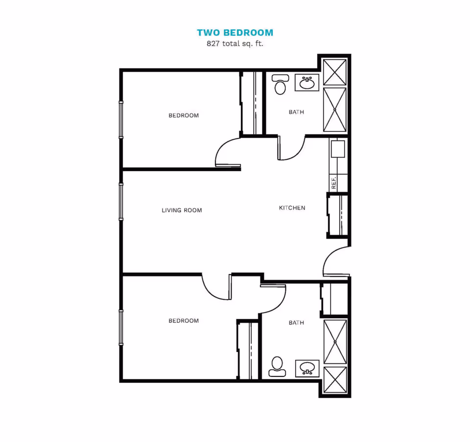 Floor plan of a two-bedroom apartment with a total area of 827 square feet. The layout includes two bedrooms, two bathrooms, a living room, and a kitchen. Each bathroom has a toilet, sink, and shower. The kitchen has a refrigerator and counter space.