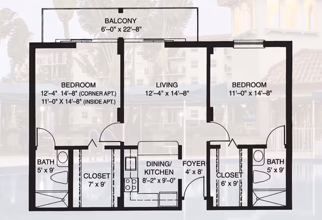 Floor plan of an apartment at Fountainview showing two bedrooms, two bathrooms, closets, a living room, a dining/kitchen area, a foyer, and a balcony.