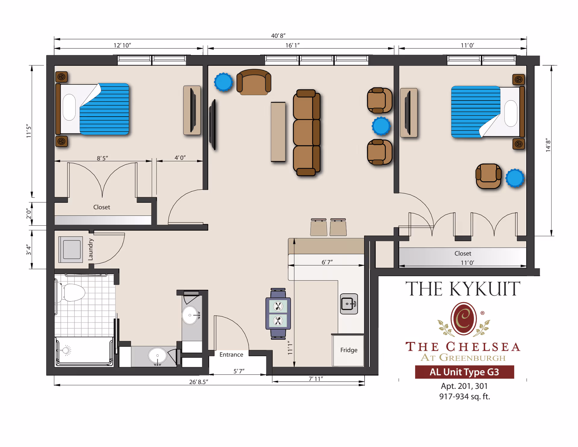 Colored floor plan of a two-bedroom apartment with labeled rooms, furniture, and measurements.