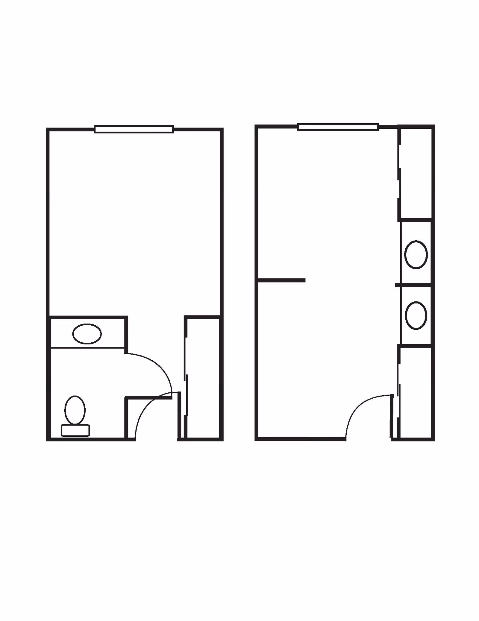 Black and white architectural floor plan showing two adjacent rooms. The left room includes a bathroom with a toilet and sink, and a door leading into the main room. The right room features a kitchenette area with two sinks and cabinets, and a door leading into the main room.