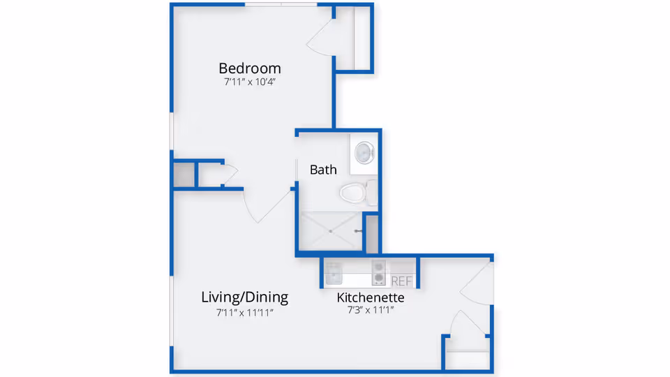 Floor plan layout of a senior living unit at Benchmark at North Andover showing a bedroom measuring 7 feet 11 inches by 10 feet 4 inches, a bathroom with a sink, toilet, and shower, a living/dining area measuring 7 feet 11 inches by 11 feet 11 inches, and a kitchenette measuring 7 feet 3 inches by 11 feet 1 inch with a refrigerator and sink.