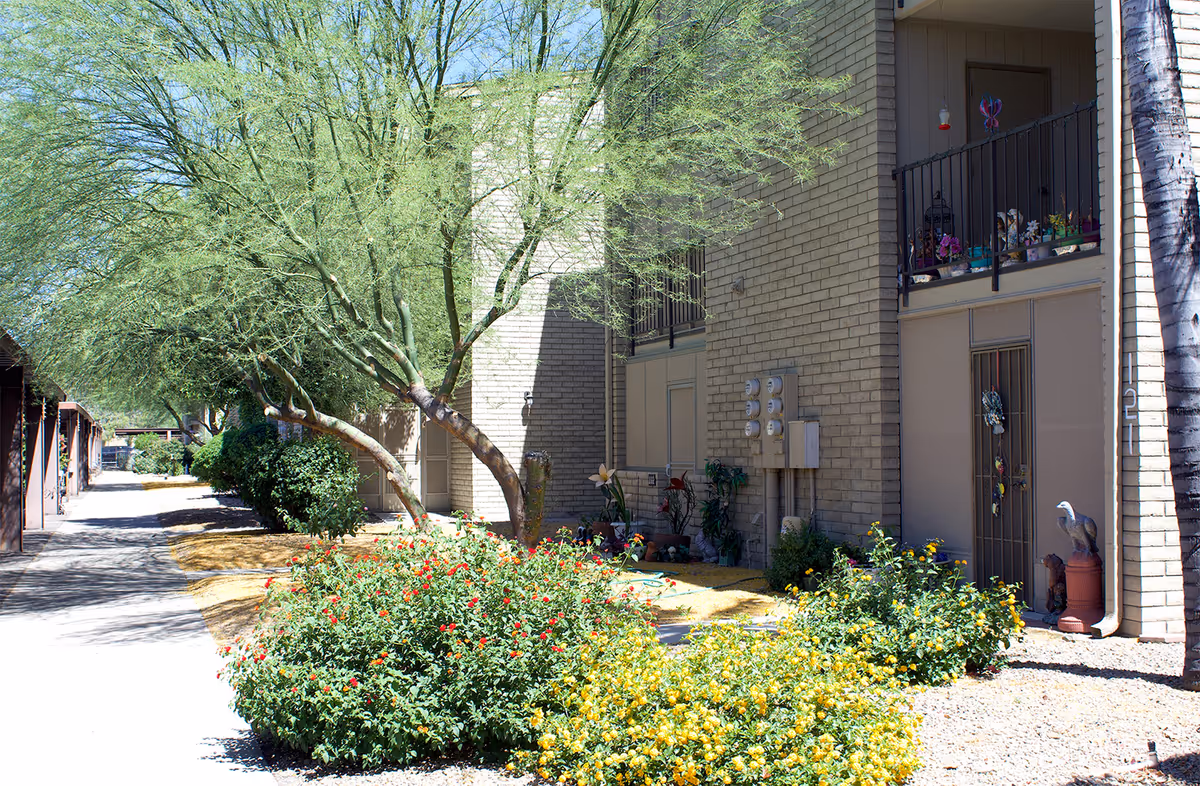 Outdoor view of a senior living facility with a pathway lined by bushes and flowering plants. The building has beige brick walls with balconies and doors decorated with plants and ornaments. Trees provide shade along the walkway.