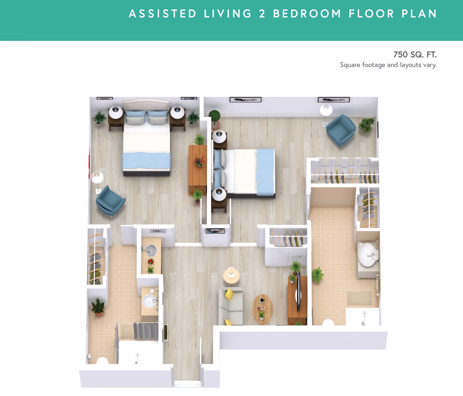 Top-down rendered floor plan of an assisted living two-bedroom apartment showing two bedrooms, living area, kitchen, closets, and two bathrooms.