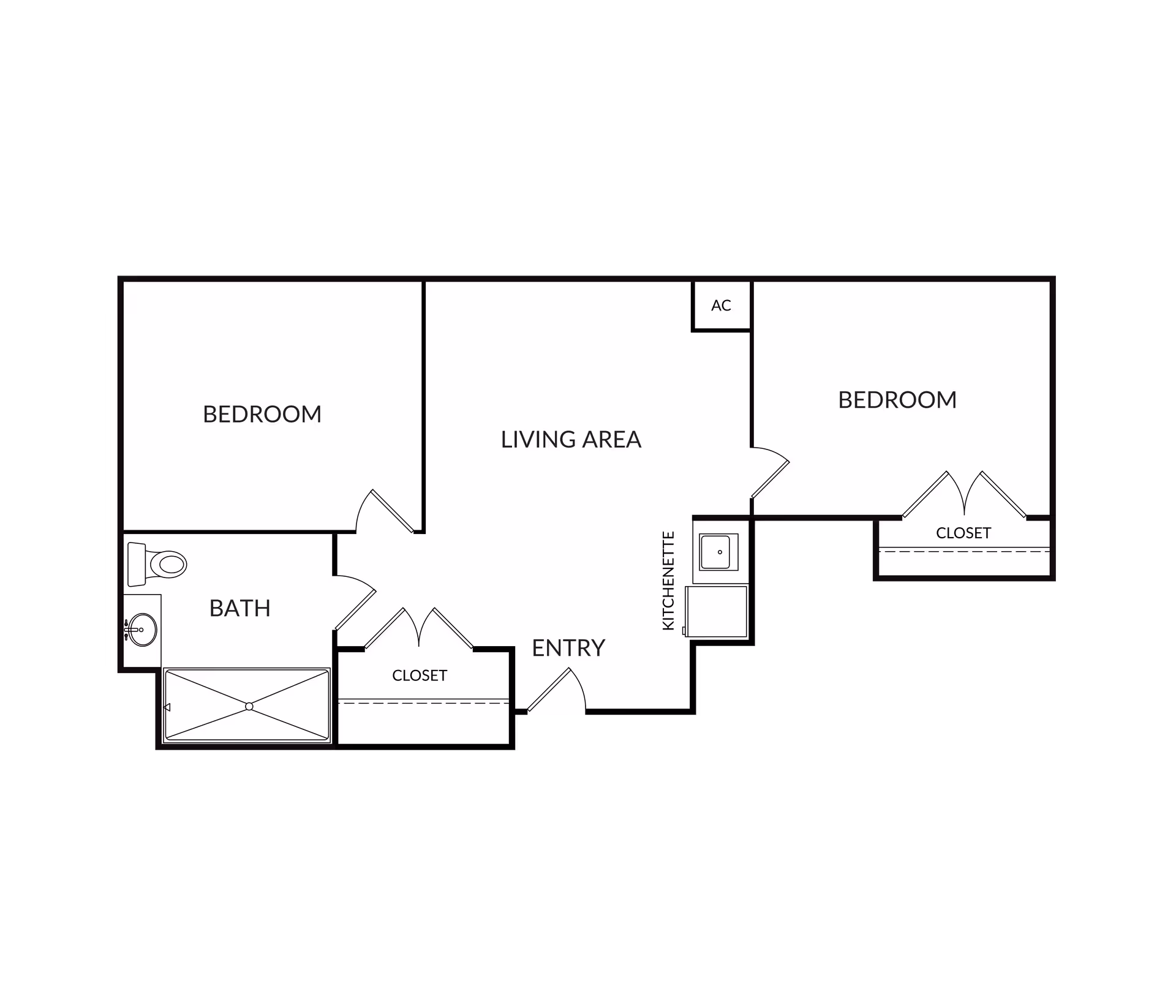 Black-and-white floor plan of a two-bedroom unit showing a living area, kitchenette, bathroom, closets, and entry.