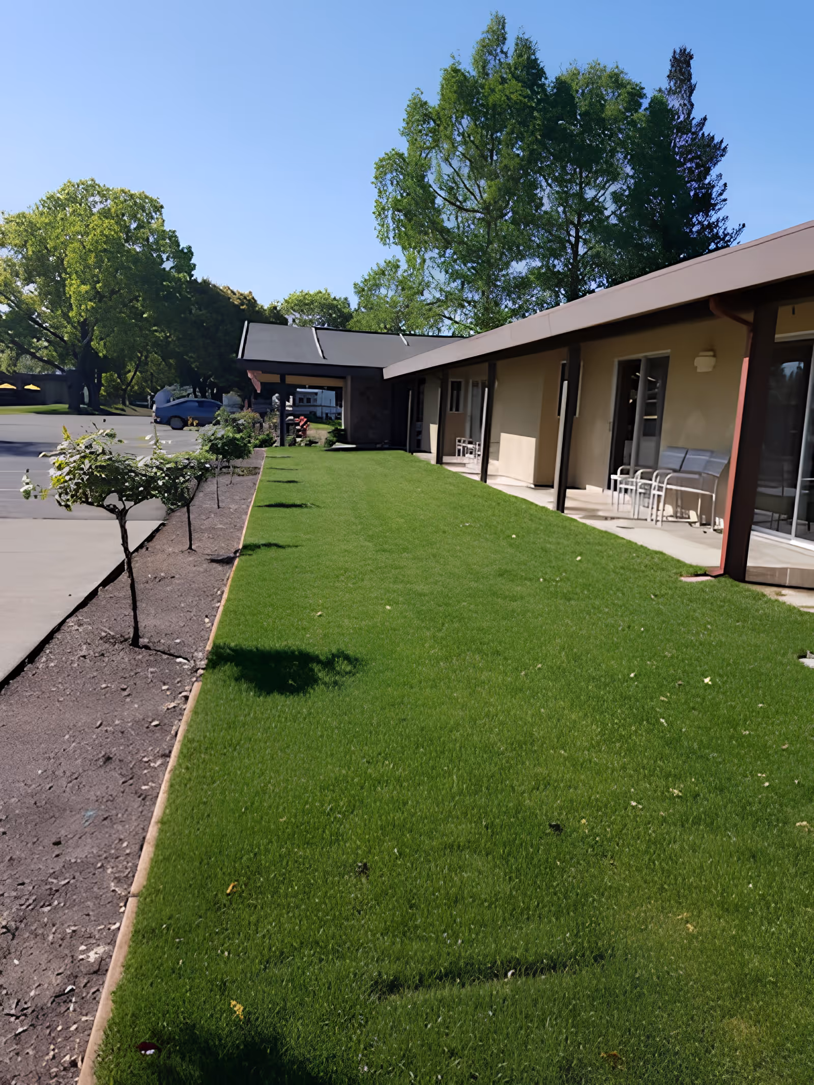 Outdoor view of a senior living facility with a well-maintained green lawn bordered by small trees and a building with a covered walkway and chairs on the porch. The sky is clear and blue with large trees in the background.