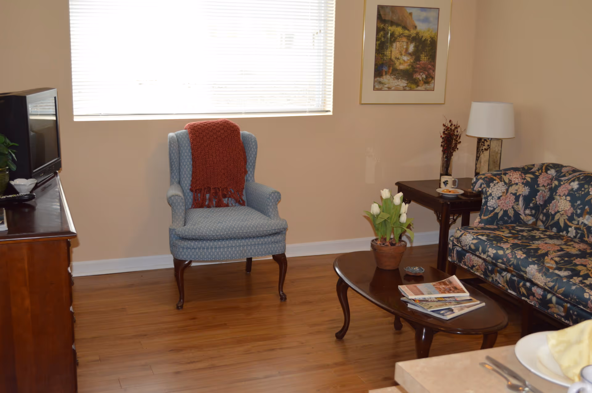 A cozy living room with a blue patterned armchair draped with a red throw blanket, a floral upholstered sofa, a wooden coffee table with a potted plant and magazines, a side table with a lamp and decorative items, and a window with blinds letting in natural light.