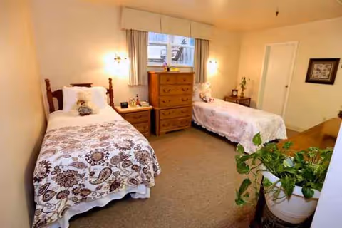 Two twin beds in a shared bedroom with dresser between, lamps, and plants.