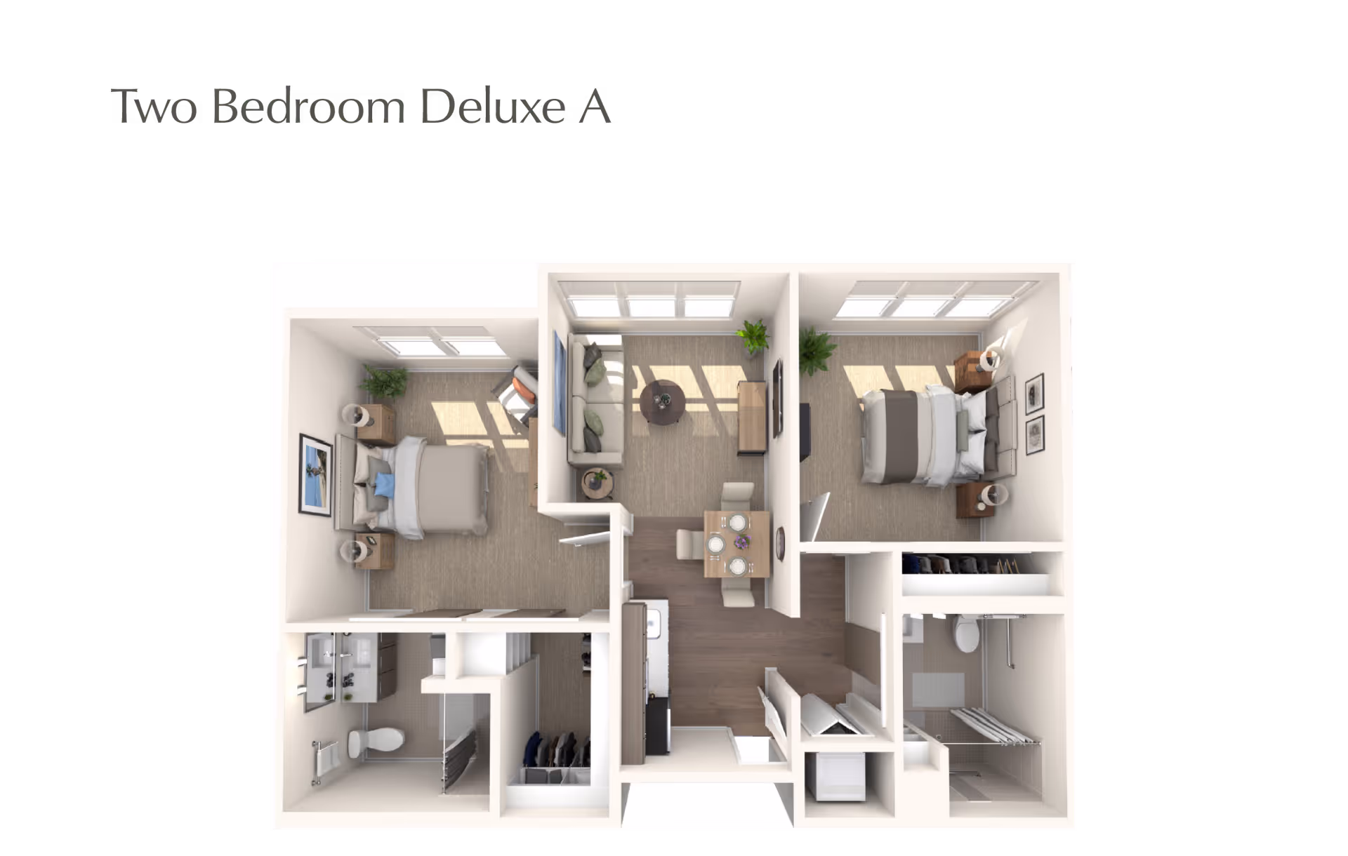 Top-down floor plan of a two-bedroom deluxe apartment featuring two bedrooms, a living room with a sofa and TV, a dining area with a table set for four, a kitchen, and two bathrooms. The layout includes windows in each bedroom and the living room, closets, and bathroom fixtures.
