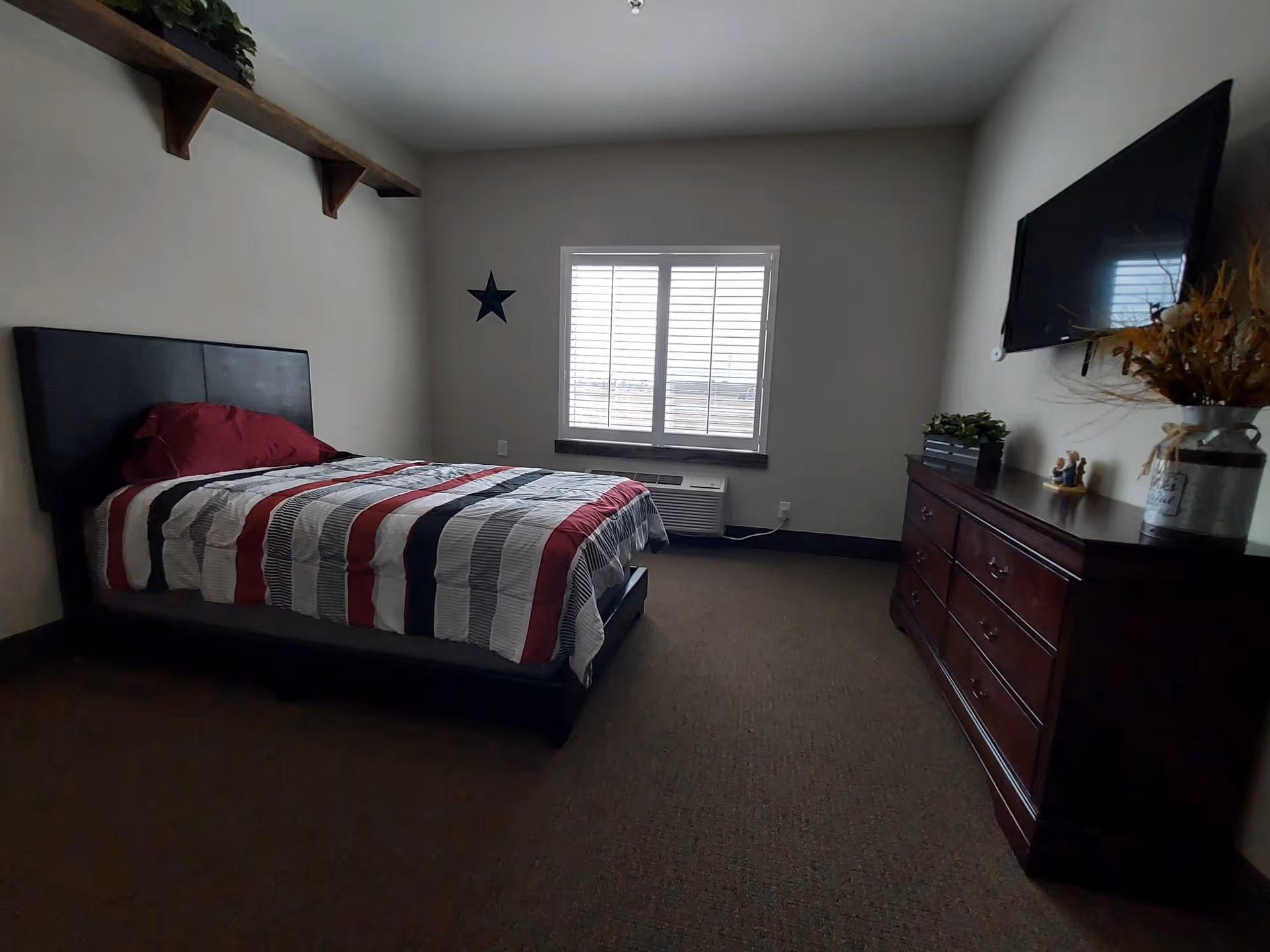 A bedroom with a single bed featuring a striped red, white, and gray comforter and a red pillow. There is a window with white blinds on the far wall, a dark wooden dresser with a flat-screen TV mounted above it, and decorative items including plants and a vase with dried flowers. A wooden shelf with plants is mounted high on the left wall.