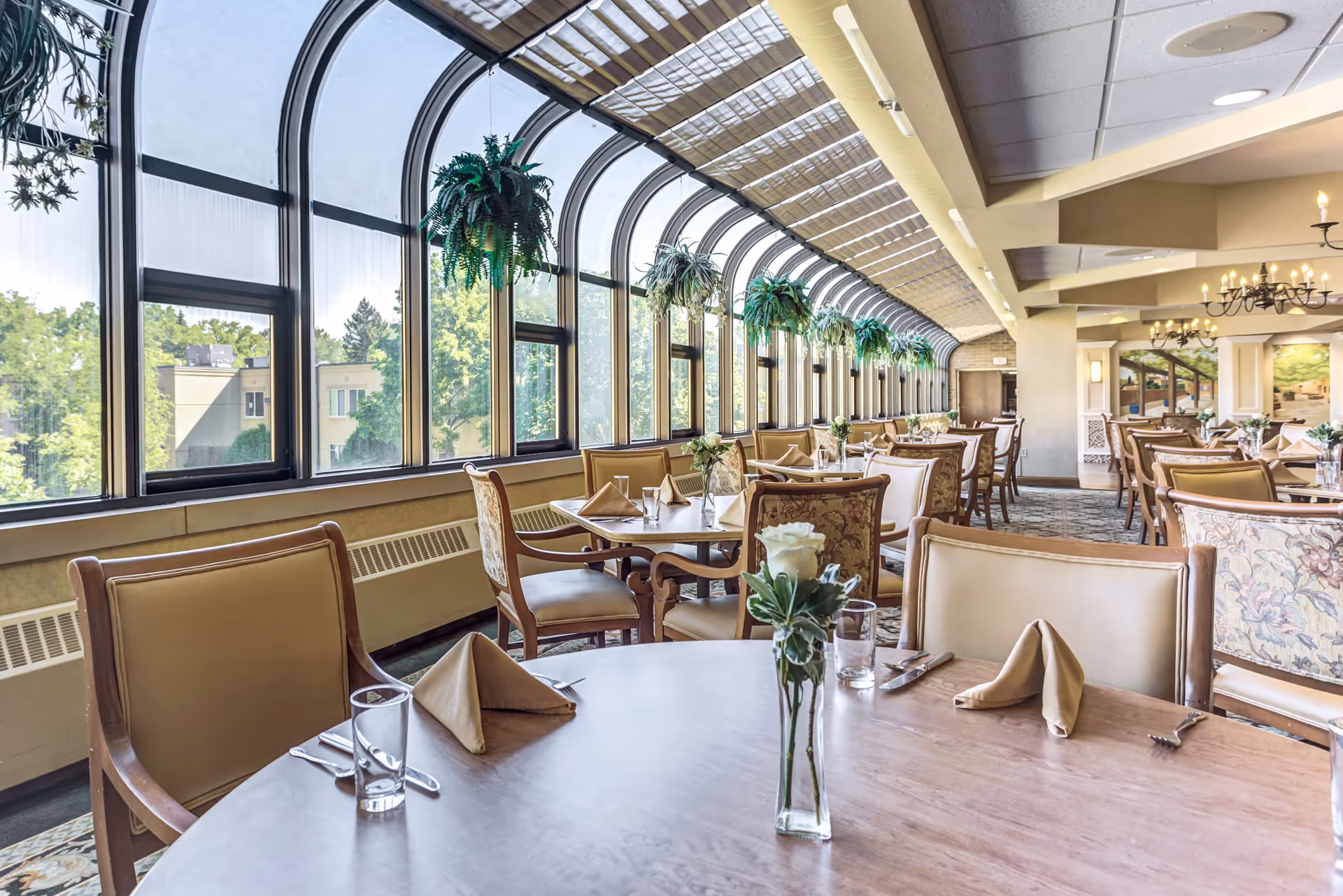 A bright dining room with large arched windows along one side, letting in natural light and showing greenery outside. The room features multiple tables set with beige napkins, glasses, silverware, and small vases with white flowers. Hanging plants are suspended from the ceiling near the windows, and chandeliers provide additional lighting. The decor is warm and inviting with cushioned chairs and patterned upholstery.
