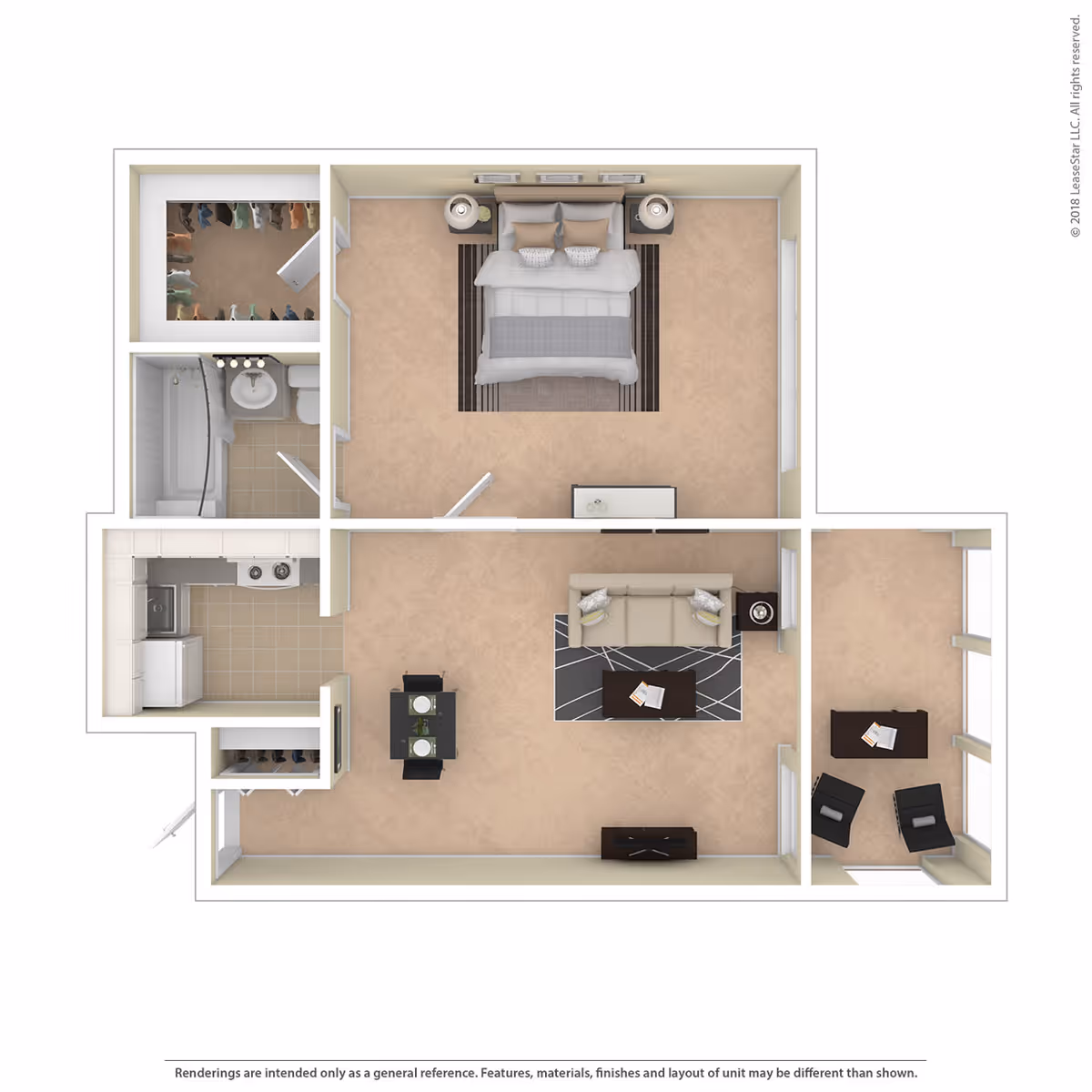 3D floor plan of an apartment unit showing a bedroom with a bed and two nightstands, a bathroom with a bathtub, sink, and toilet, a kitchen with appliances, a dining area with a table and two chairs, a living room with a sofa, coffee table, and TV stand, and a sunroom with two chairs and a small table.