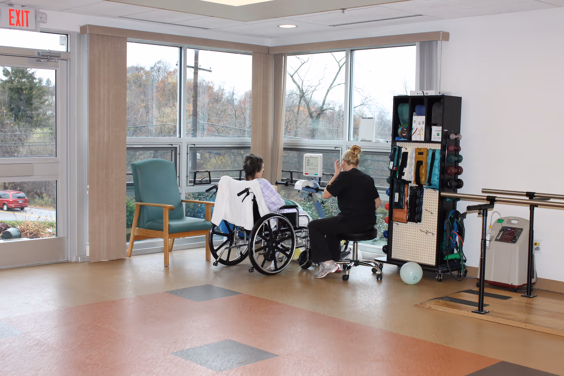 A rehabilitation room with large windows showing an outdoor view. A person in a wheelchair and a healthcare worker sitting on a stool are engaged in a therapy session. The room contains exercise equipment, resistance bands, dumbbells, and parallel bars for physical therapy.
